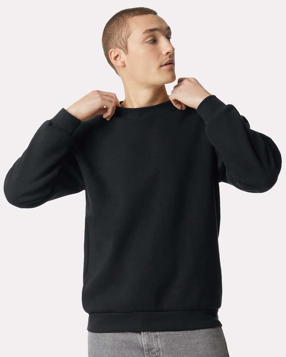 American Apparel RF496 ReFlex Fleece Crewneck Sweatshirt - Black (on-model)