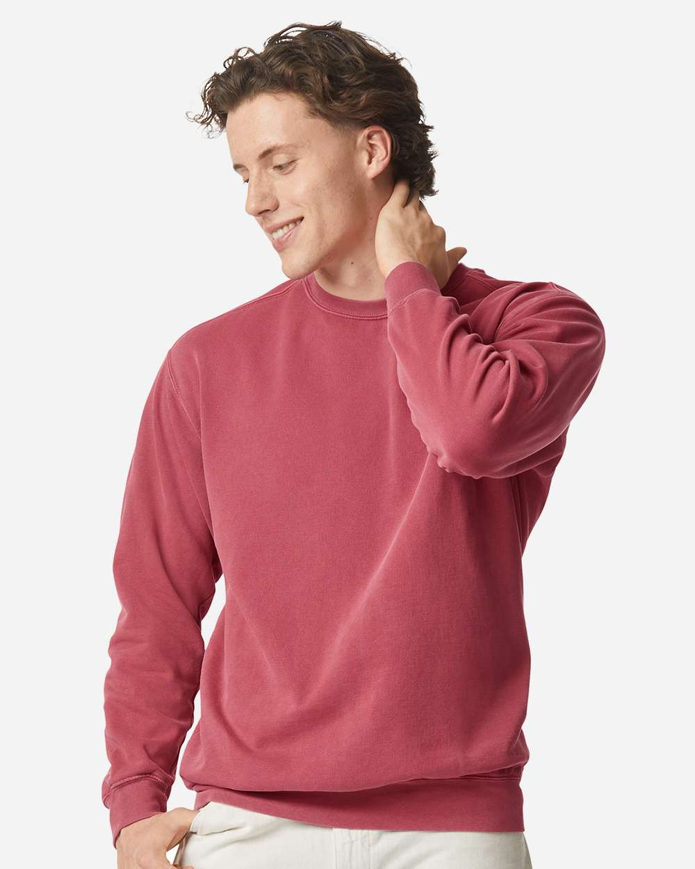 Comfort Colors 1566 Garment-Dyed Crewneck Sweatshirt - Crimson - On Model