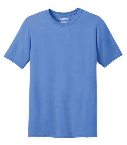 Gildan Performance T-Shirt in Carolina Blue, front view – custom logo t-shirts in bulk