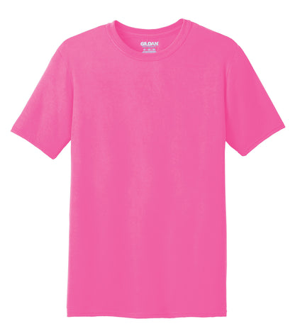 Gildan Performance T-Shirt in Safety Pink, front view – custom logo t-shirts in bulk