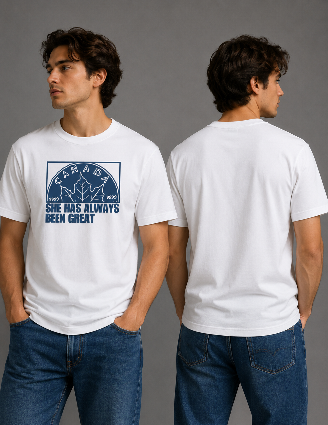 White t-shirt with a mint-stamp maple leaf graphic and 'She Has Always Been Great' text