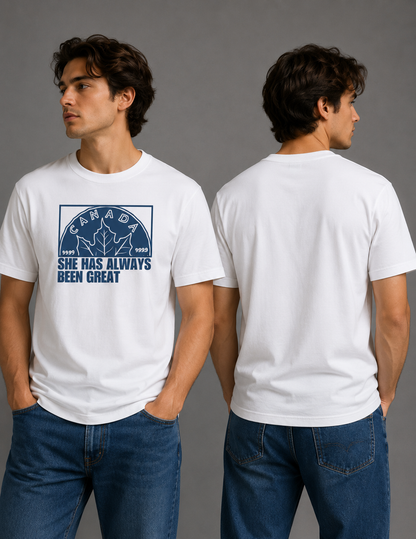 White t-shirt with a mint-stamp maple leaf graphic and 'She Has Always Been Great' text