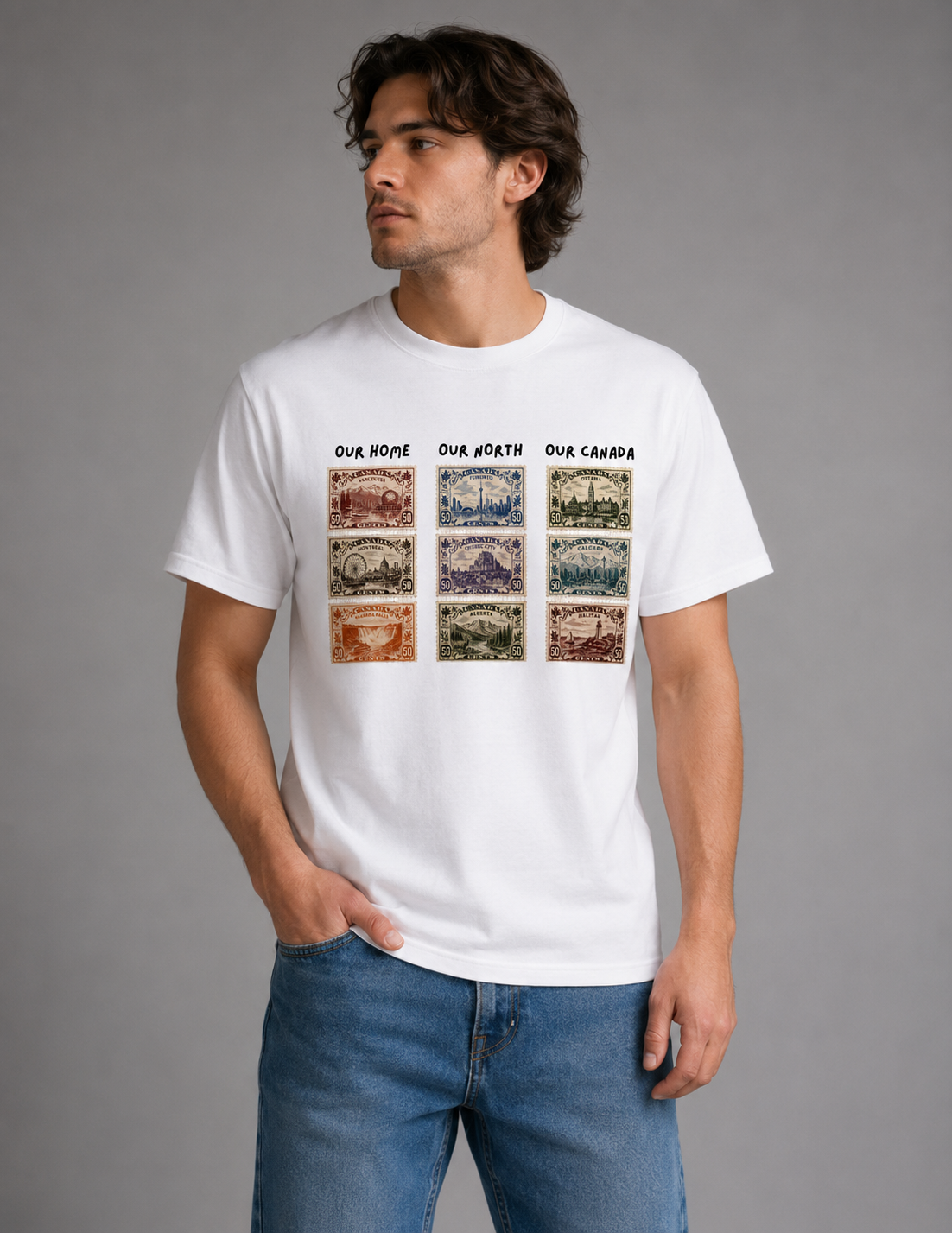 White t-shirt with a vintage postage-stamp collage of Canadian cities