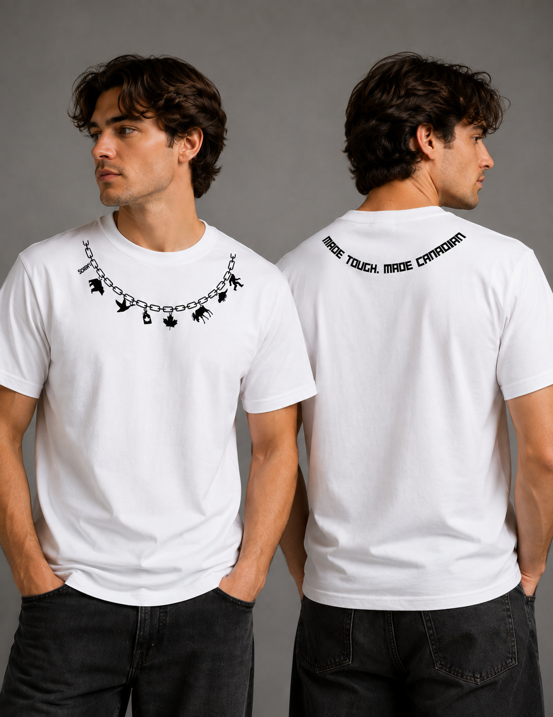 White t-shirt with a Canadiana charm-chain graphic and 'Made Tough. Made Canadian.' back print