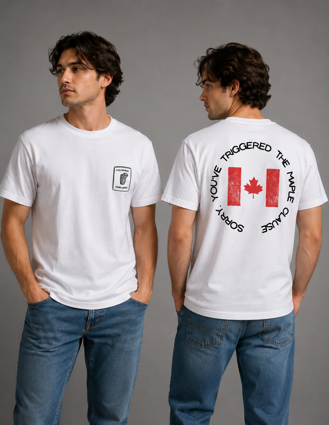 White t-shirt with a toggle-switch graphic and 'You've Triggered the Maple Clause. Sorry.' Canadian flag print