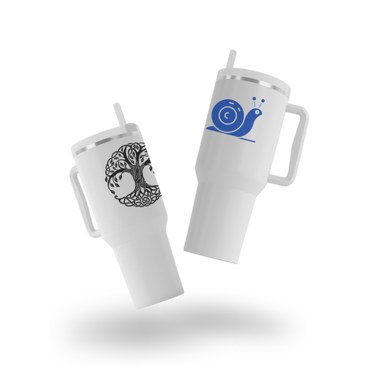 40oz Sublimation Stainless Steel White Travel Tumbler with Clear Flat Lid & Handle