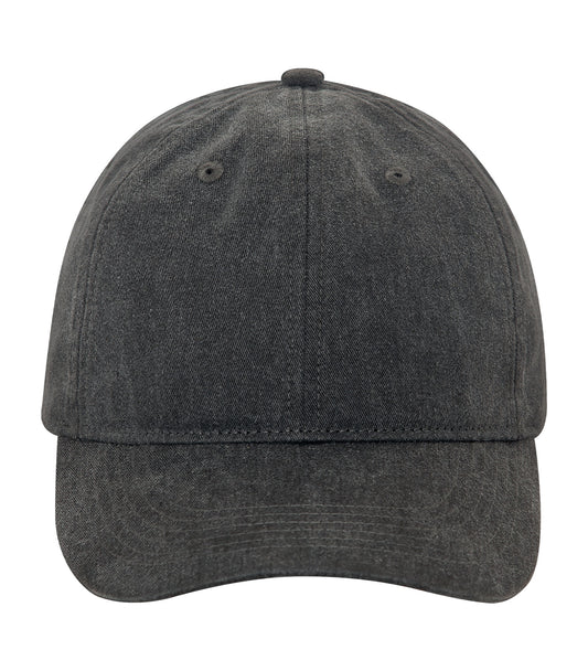 ATC Pigment Dyed 6-Panel Cap in Black, front view – custom logo hats in bulk