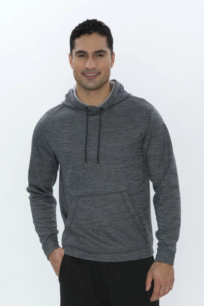 Model wearing the ATC Dynamic Heather Fleece Hoodie in Charcoal Dynamic