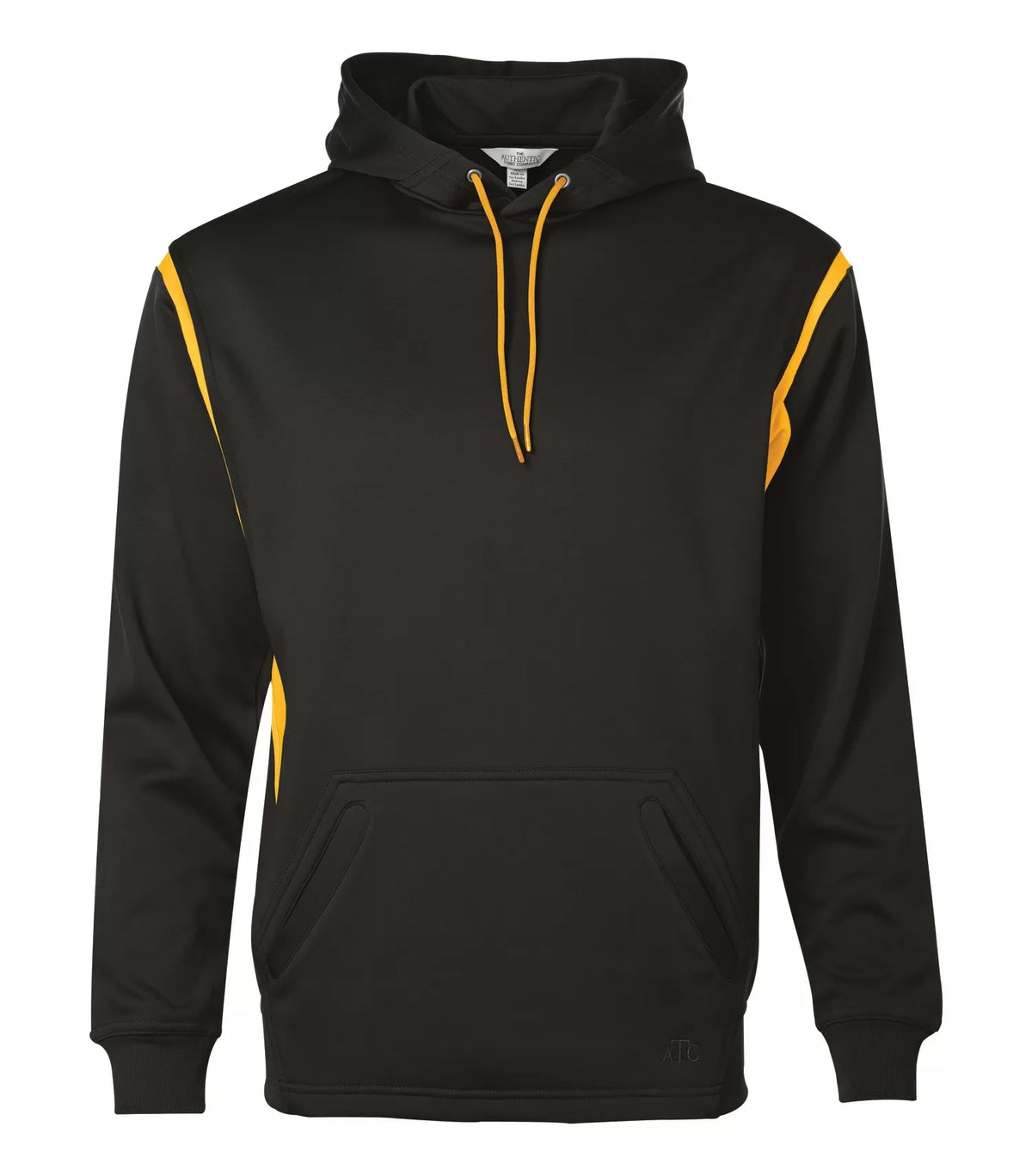 ATC PTECH Fleece VarCity Hoodie in Black/Gold, flat front view