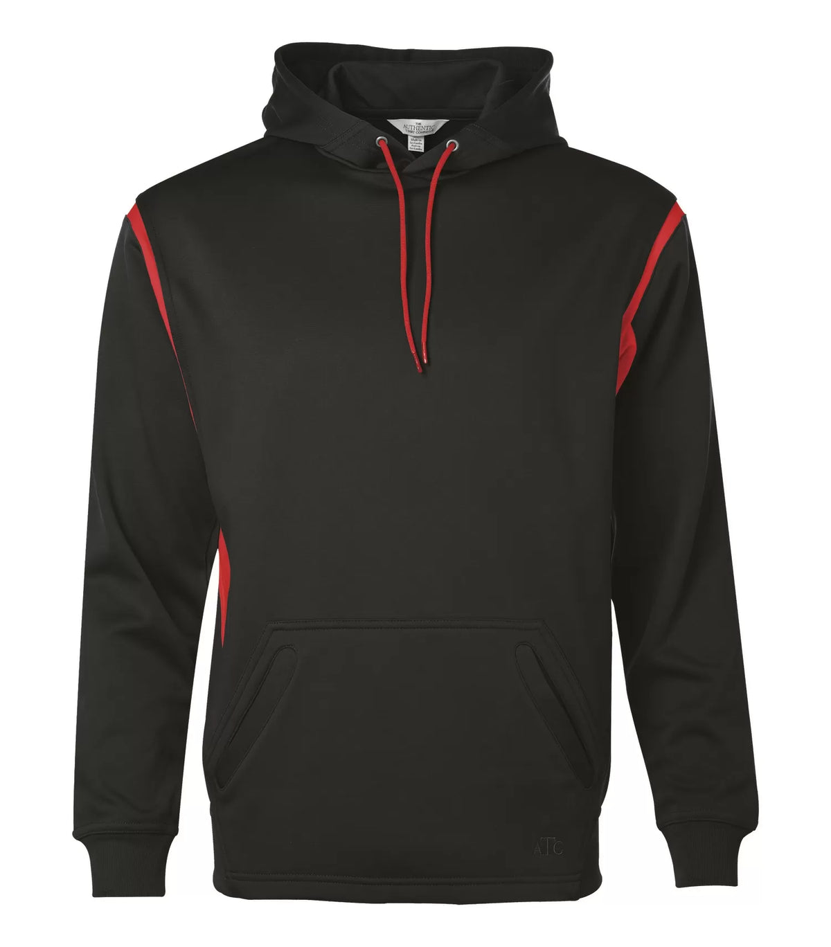 ATC PTECH Fleece VarCity Hoodie in Black/True Red, flat front view