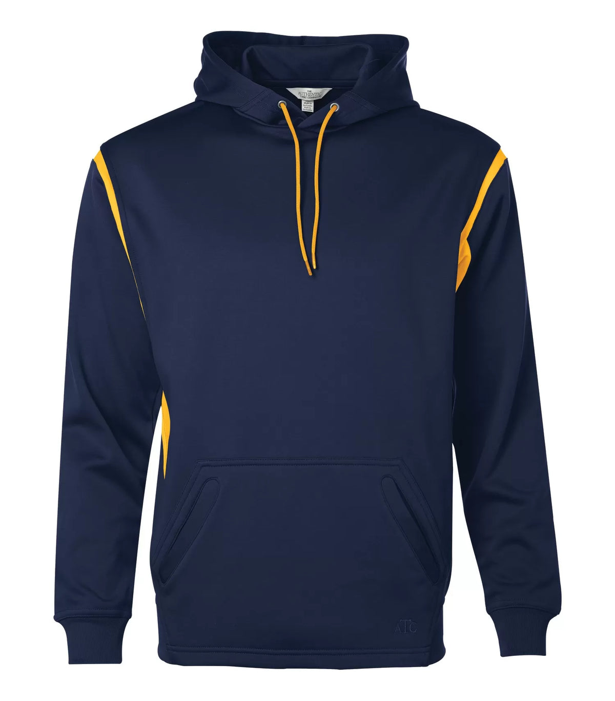 ATC PTECH Fleece VarCity Hoodie in True Navy/Gold, flat front view