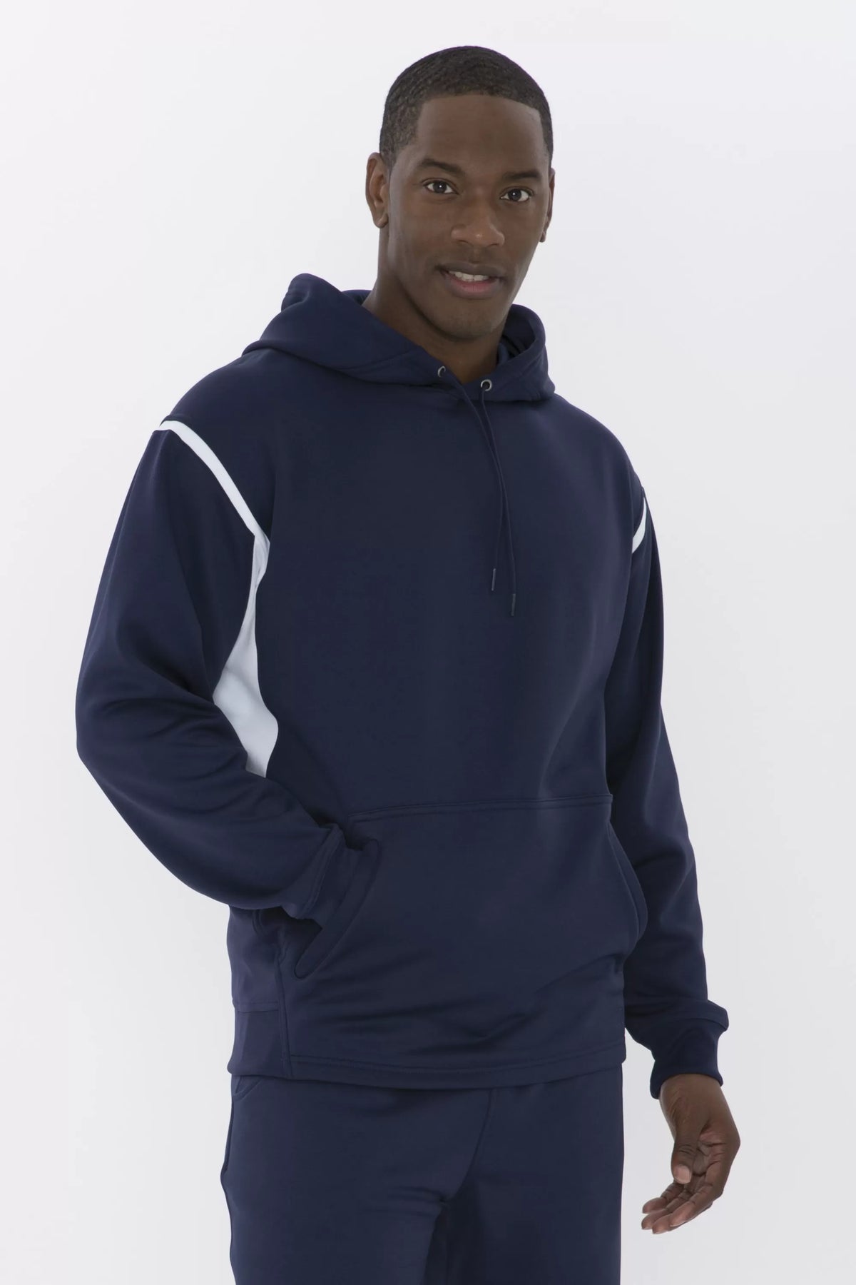ATC PTECH Fleece VarCity Hoodie in True Navy/White, worn on-model